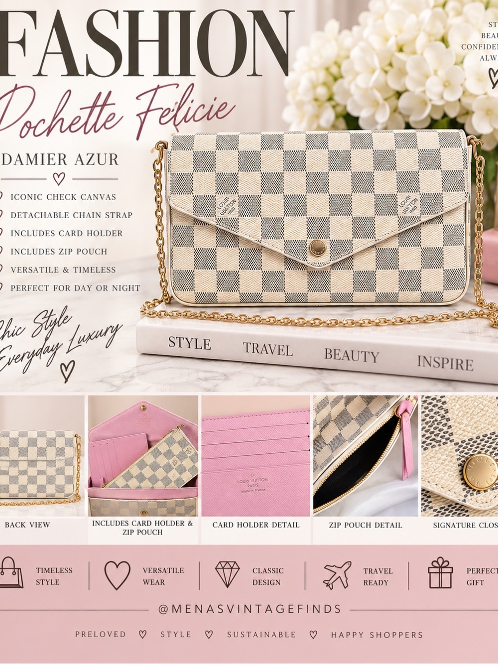Damier Azur Check Canvas Crossbody Wallet with Gold Chain - Beige & Pink